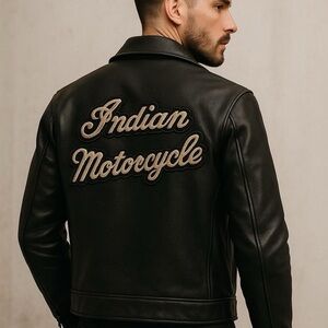 Indian Genuine Cowhide Black Leather Motorcycle Jacket Mens Medium